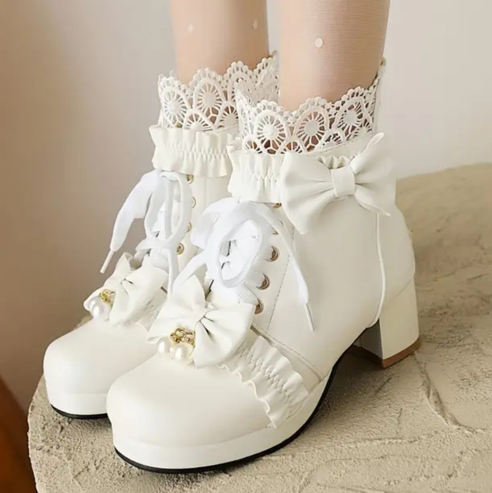 White cosplay chunky heel bow pearl lace shoes boots